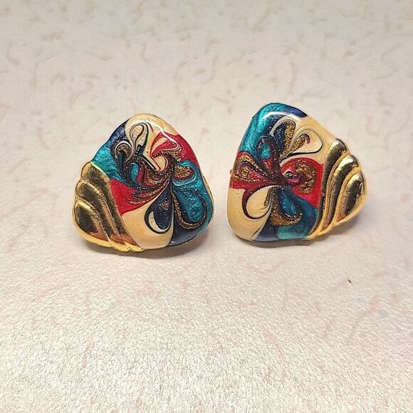 Enamel Multicolor Earrings, Vintage 80's - Picture 2 of 4